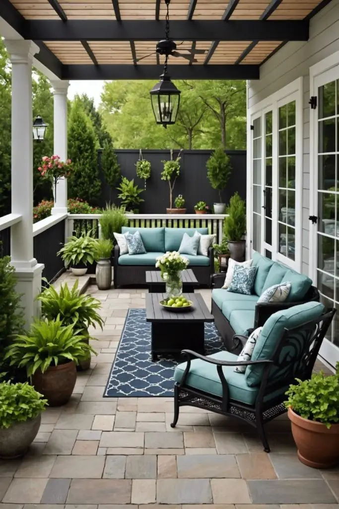 Porch with teal furniture, plants, and pergola roof