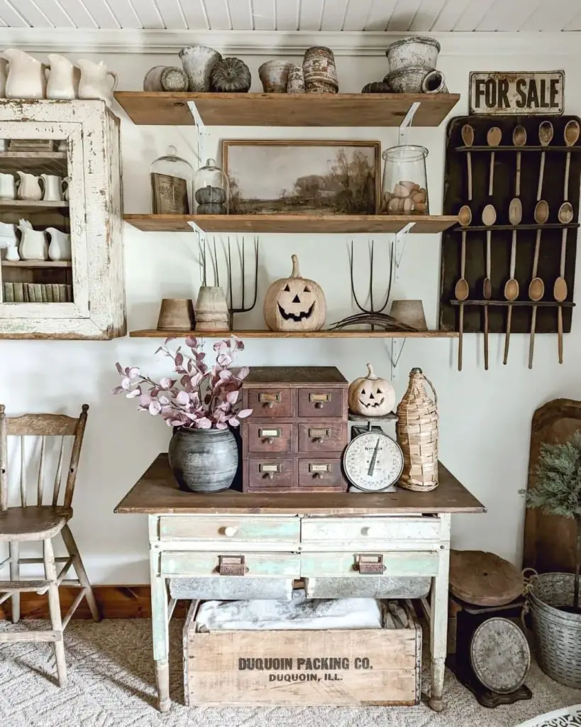 Rustic shelves with vintage decor and subtle Halloween touches