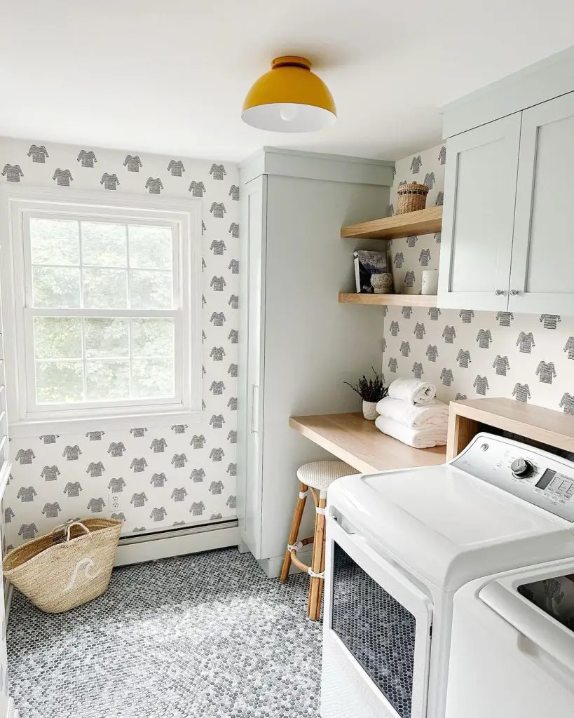 Bright laundry room with sweater patterned wallpaper