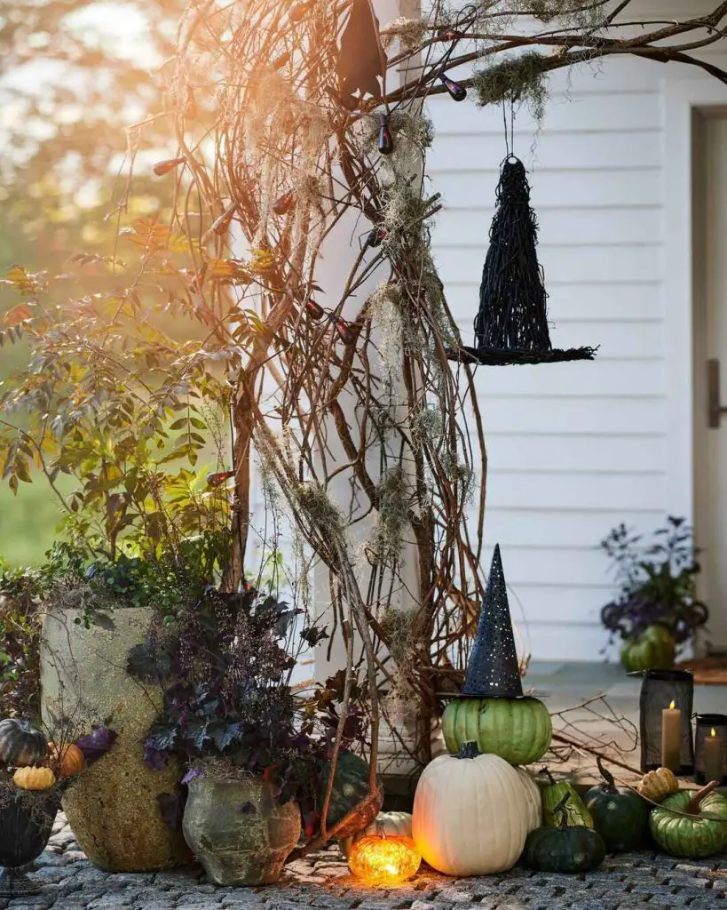 Rustic Halloween porch with pumpkins vines and witch hat