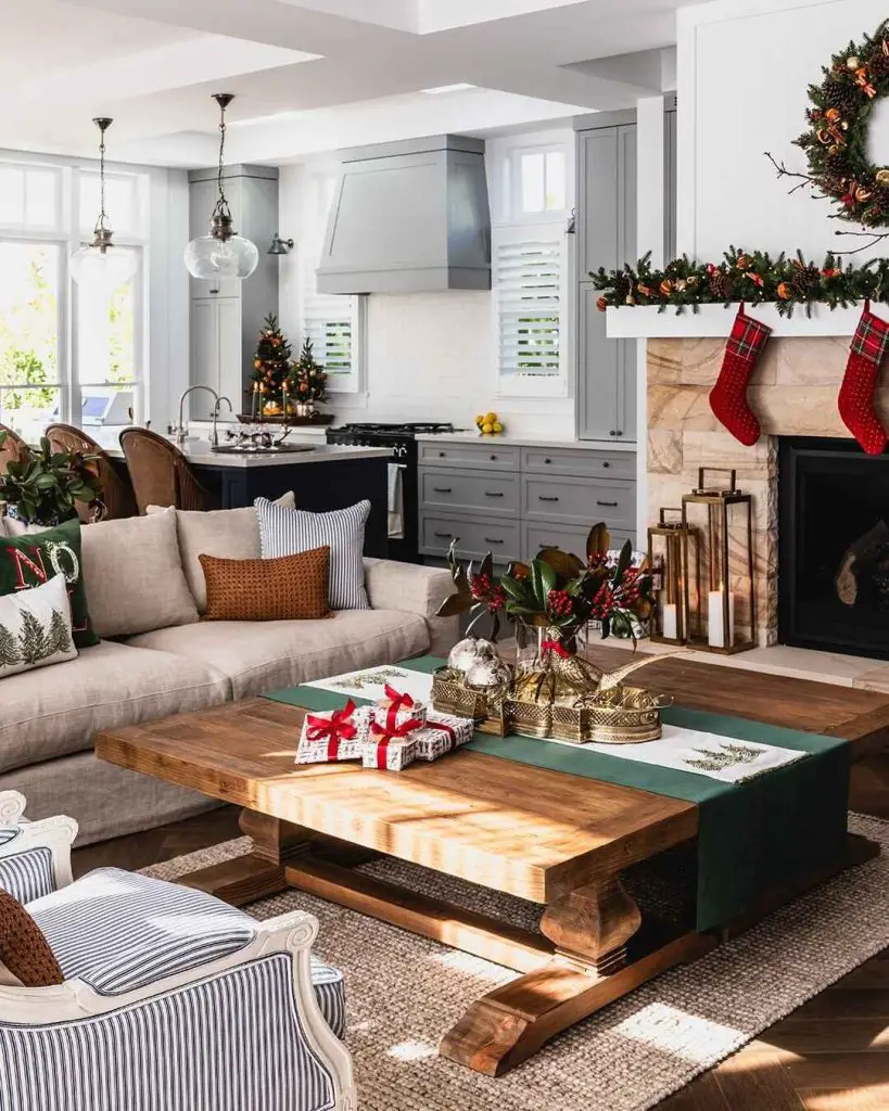 Christmas-decorated living room with festive coffee table