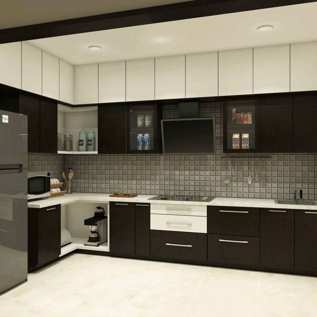 Modern kitchen with black and white cabinets and gray tile backsplash