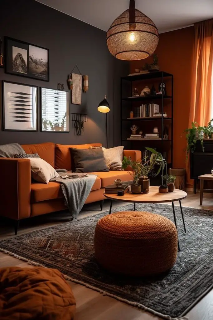 Cozy dark living room with orange sofa and woven lamp