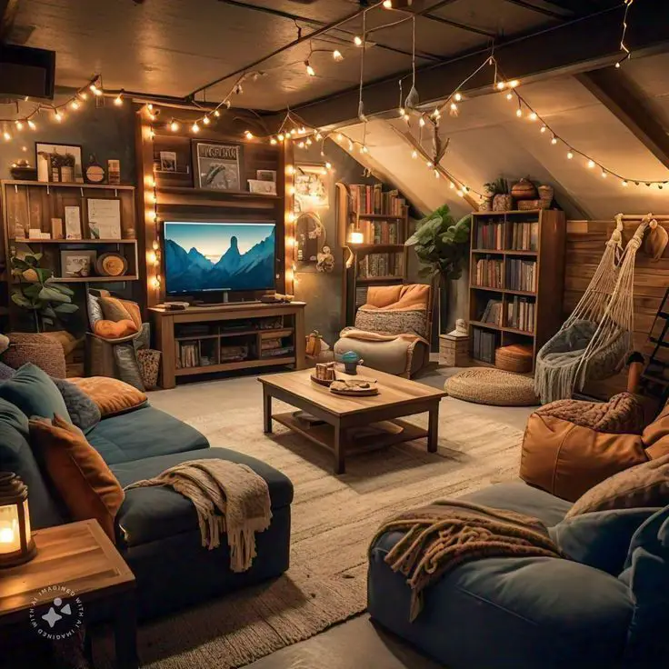 Cozy attic living room with string lights, bookshelves, comfortable seating, and a TV showing a mountain scene.