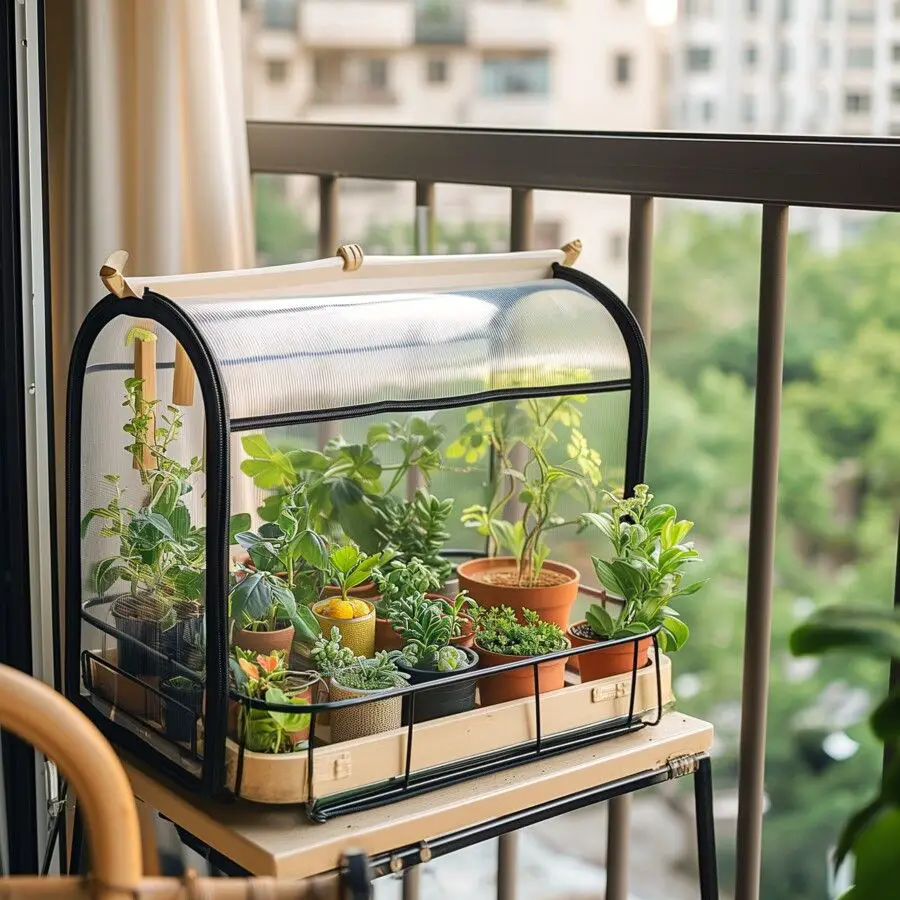 Tabletop greenhouse with plants on apartment balcony