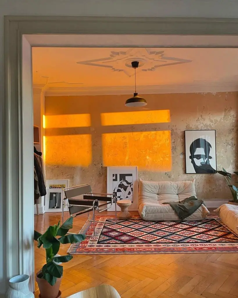 Sun-drenched boho living room with artwork