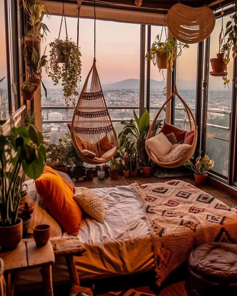 Boho city-view retreat with hanging chairs
