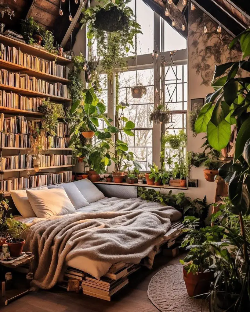 Cozy bedroom with bookshelves and plants