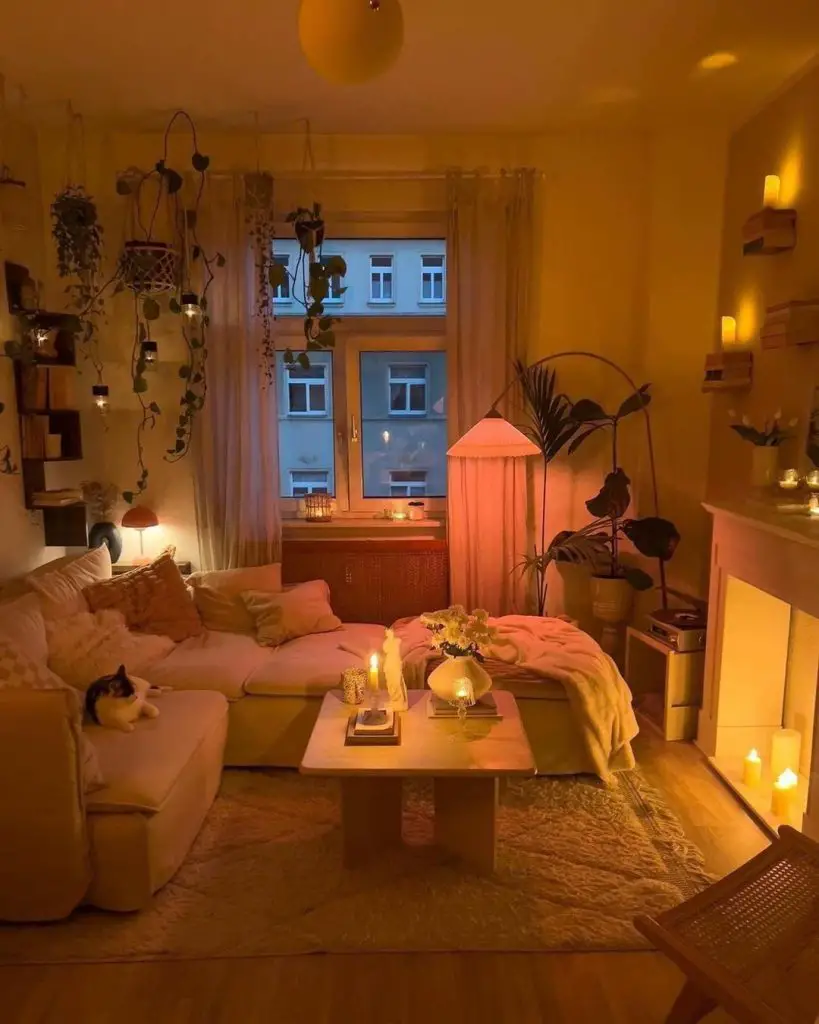 Cozy living room with plants candles and cat
