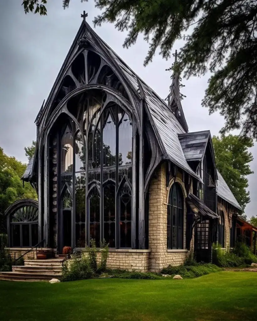 Gothic black barndominium with cathedral windows and limestone base