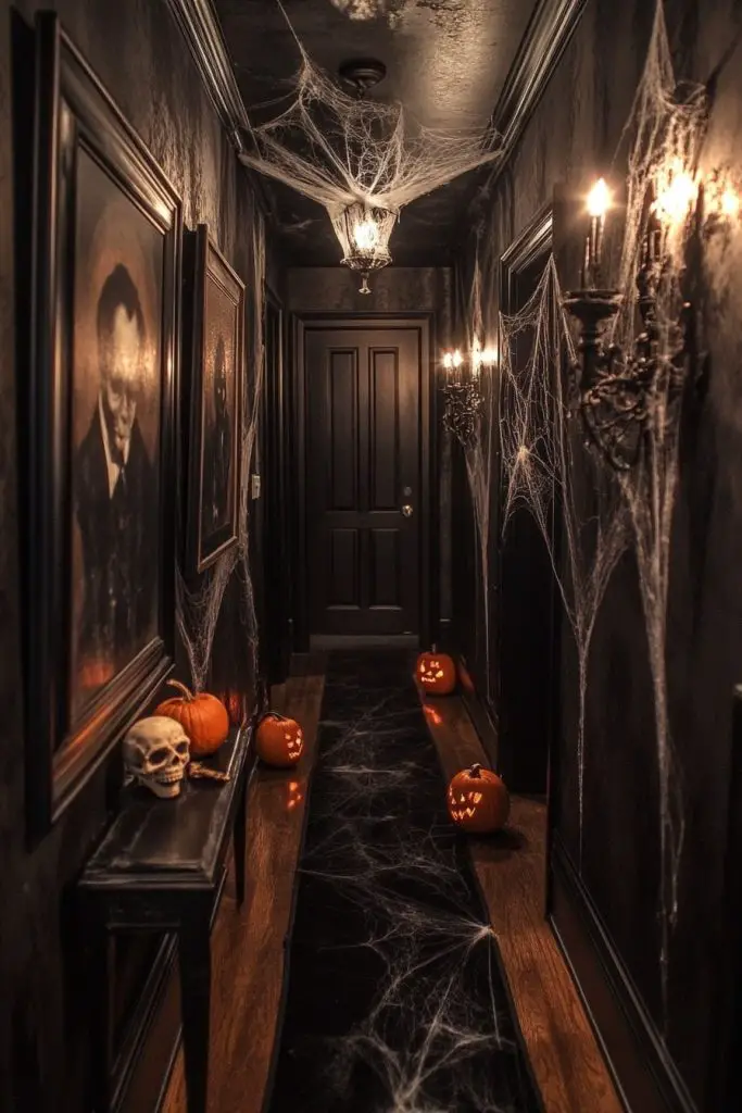 Spooky dark hallway with cobwebs and glowing pumpkins