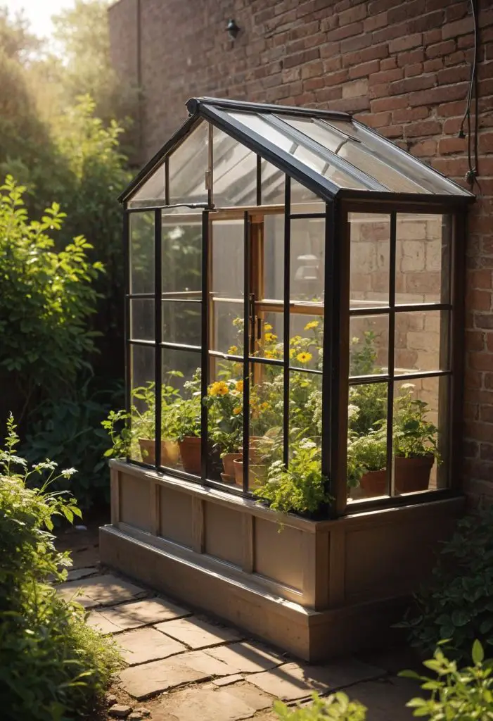 Small glass greenhouse with black frame against brick wall, filled with potted plants and flowers