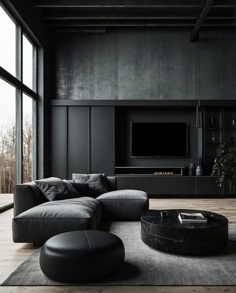 Sofa and ottoman arrange by windows facing trees and fireplace.