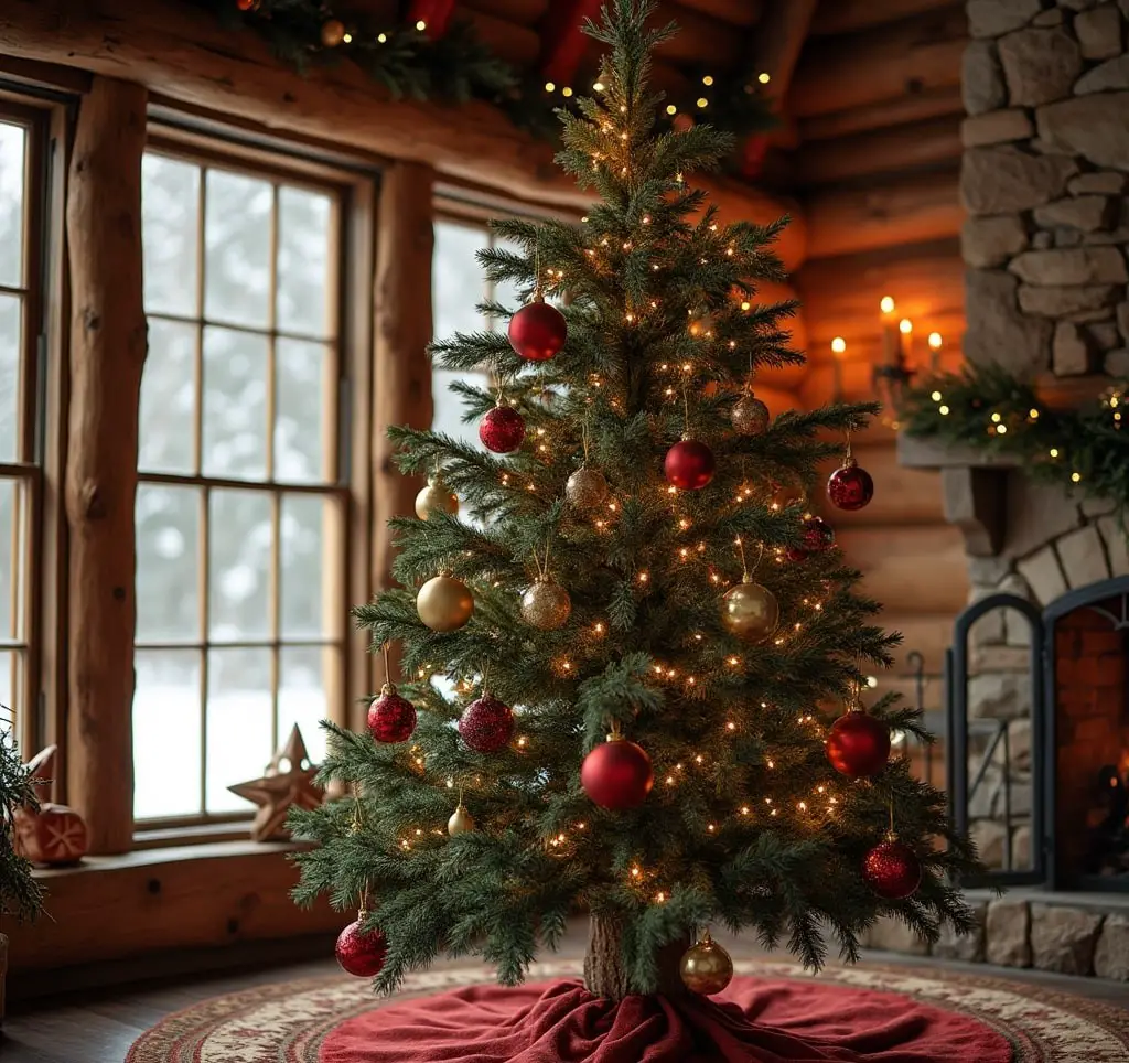 Natural Christmas tree with red and gold ornaments in rustic cabin with snowy window view