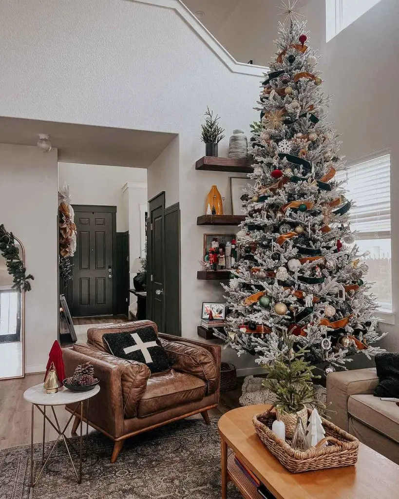 Christmas tree, couches and guitar during a movie.