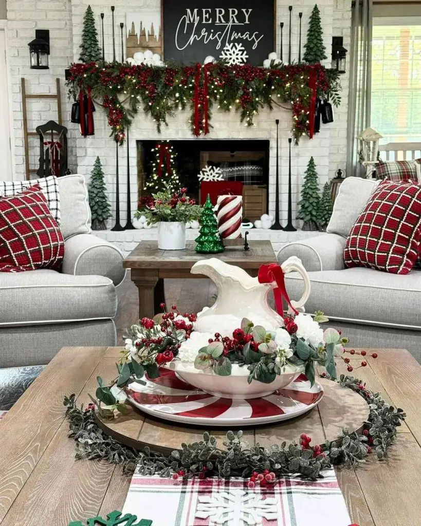 Festive farmhouse living room with decorated fireplace and Christmas decor