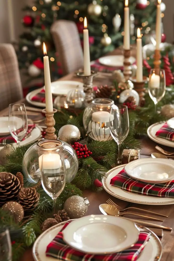 Festive Christmas table with pine garland, candles, and tartan accents.