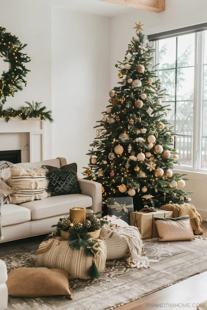 Elegant Christmas tree with gold and white decorations in cozy neutral-toned living room