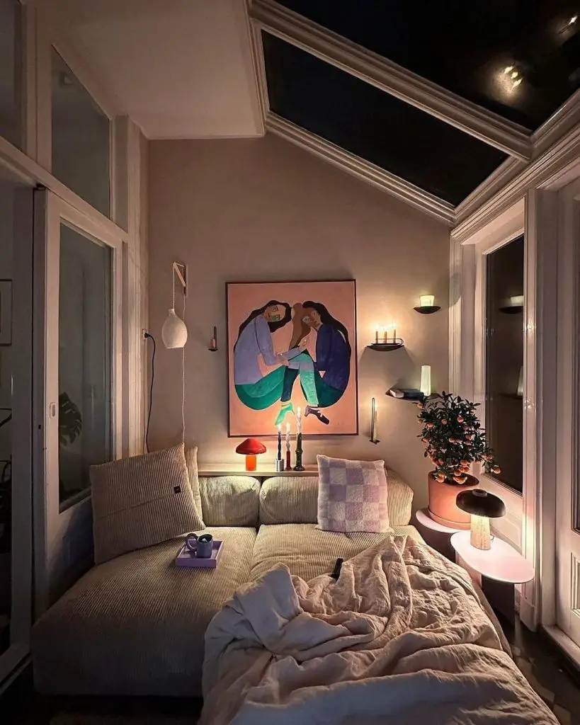 Cozy bedroom with skylight modern art and ambient lighting