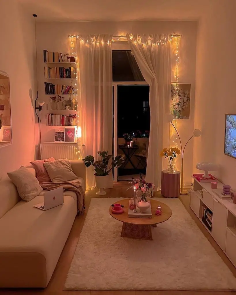 Cozy living room with soft lighting and feminine decor