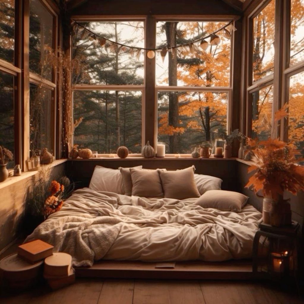 Cozy bed nook with panoramic autumn views.