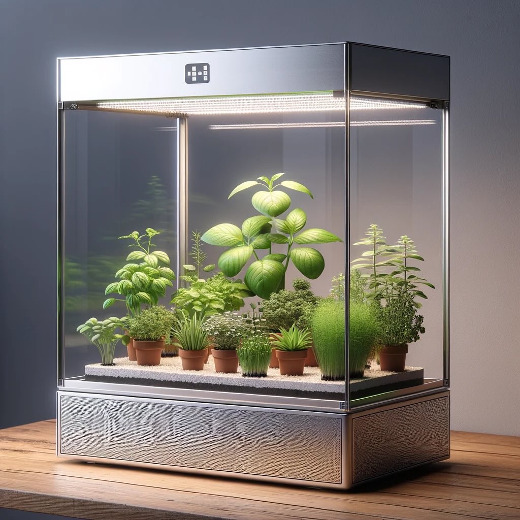 Illuminated indoor herb garden with various potted herbs in glass enclosure