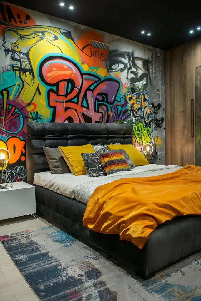 Bedroom with large graffiti mural, black bed, yellow bedding, and modern decor.