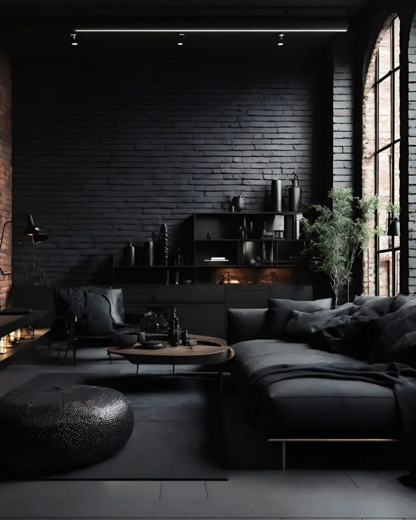 Dark living room with black brick walls and furniture