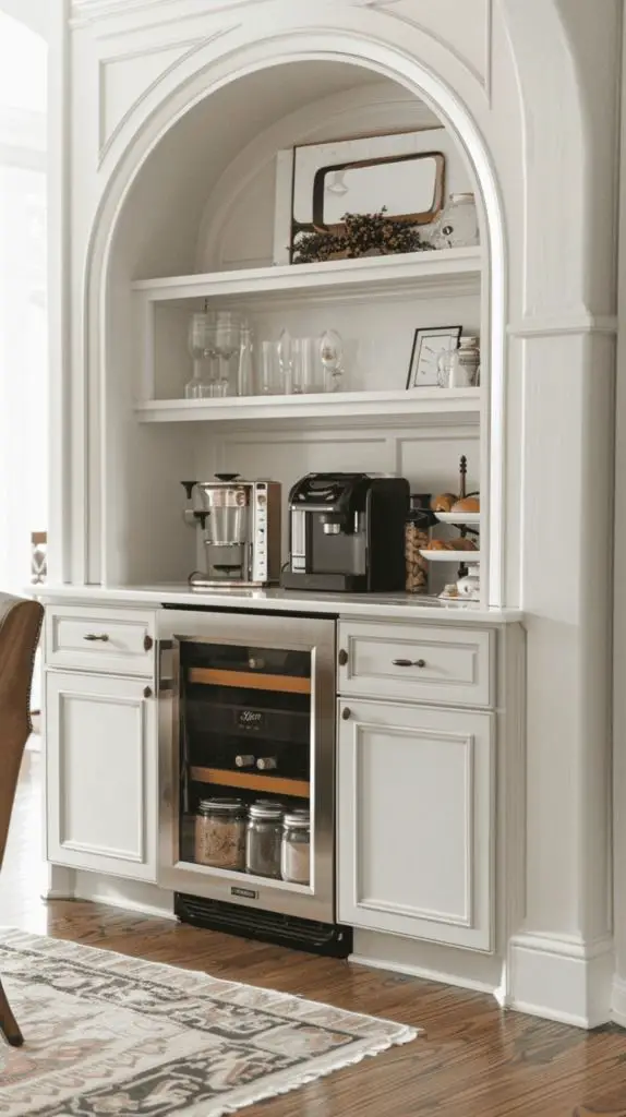 White arched built-in coffee bar with wine fridge