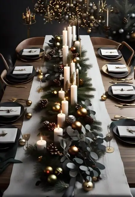 Candlelit evergreen Christmas table with gold accents