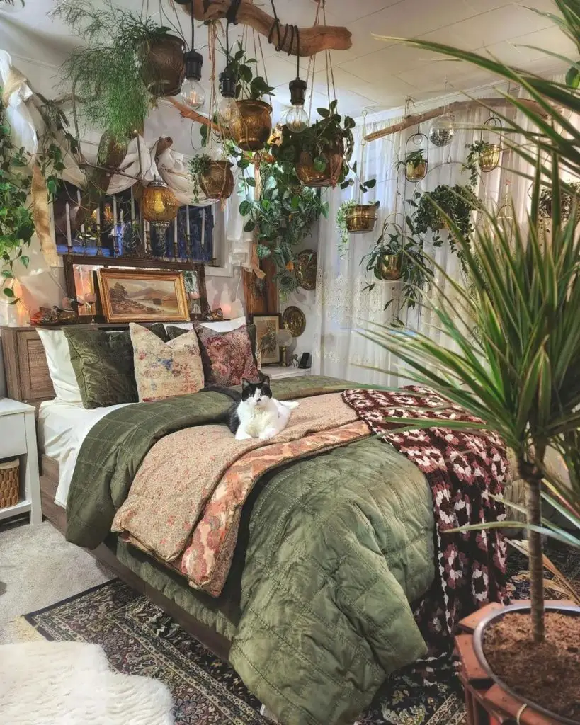 Bohemian bedroom with hanging plants and lounging cat
