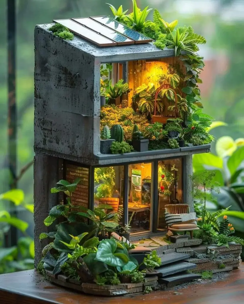 Miniature concrete house with abundant plants and solar panels