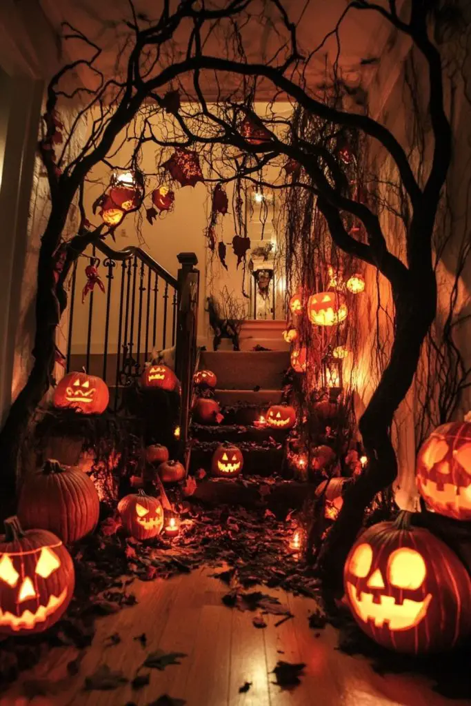 Glowing pumpkin-lined stairway with spooky branches