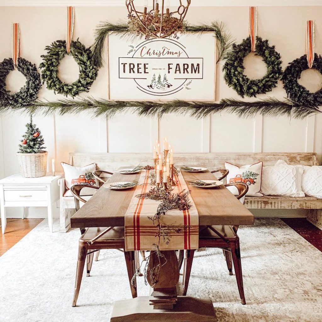 Rustic Christmas dining room with tree farm decor