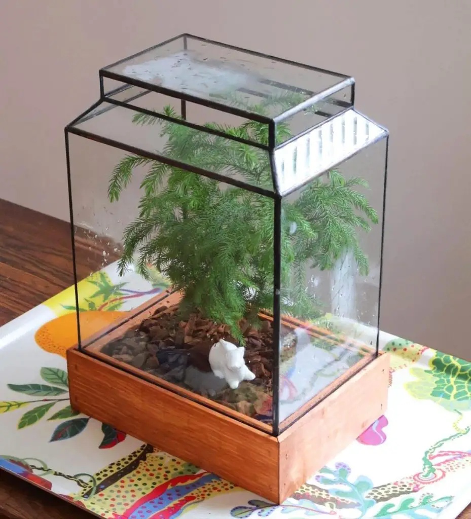 Glass terrarium with ferns and miniature figure on colorful tablecloth