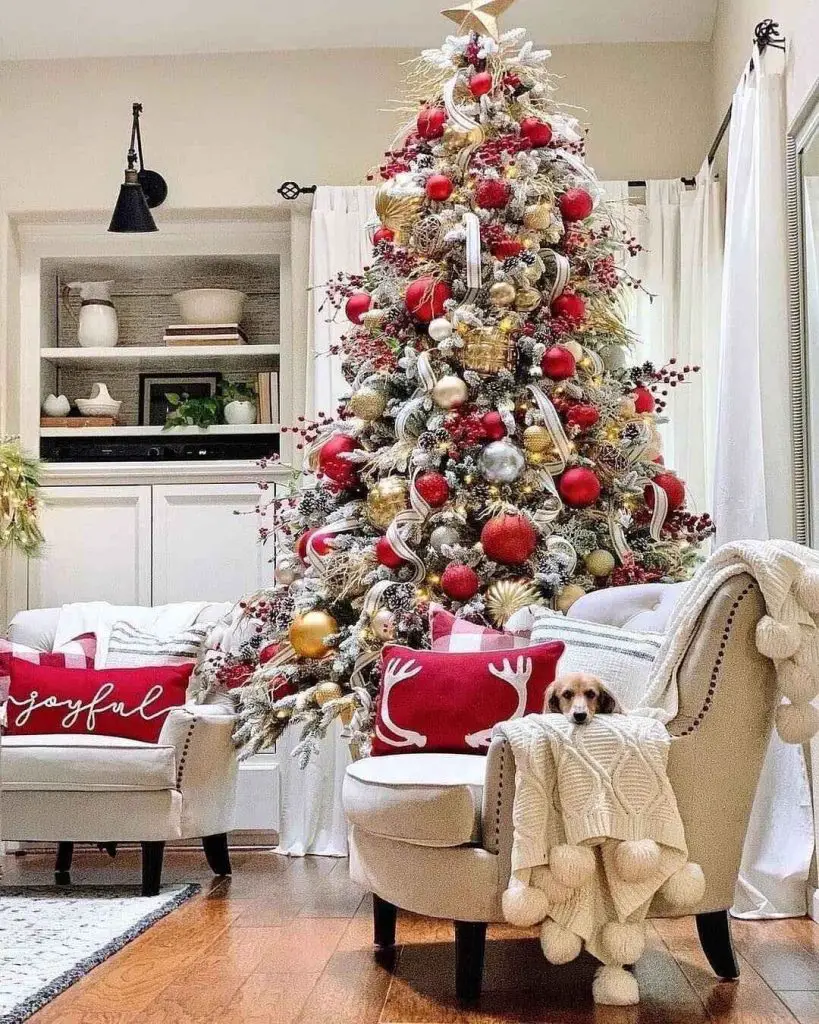 Decorated Christmas tree with dog in cozy living room