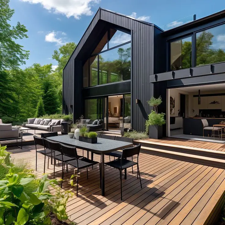 Modern black barndominium with expansive wooden deck and forest backdrop
