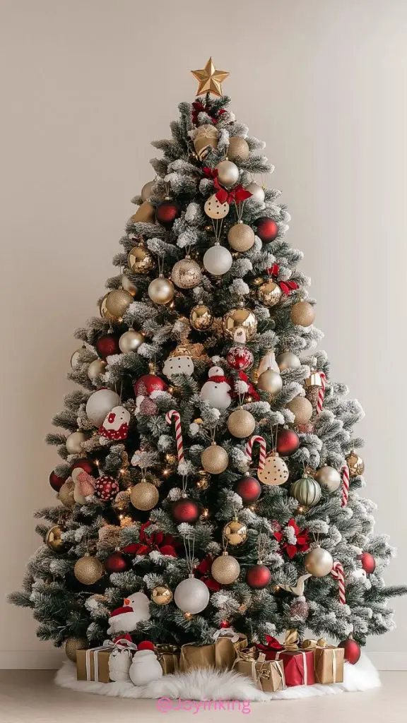 Flocked Christmas tree decorated with snowmen gold white and red ornaments with wrapped gifts beneath