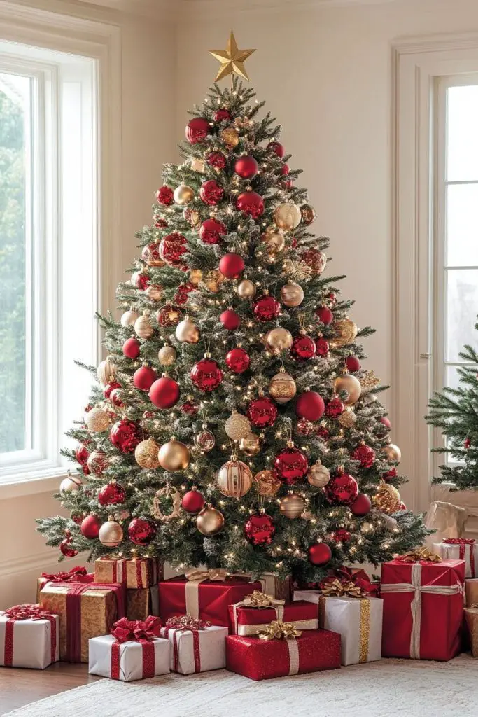 Flocked Christmas tree decorated with snowmen gold white and red ornaments with wrapped gifts beneath