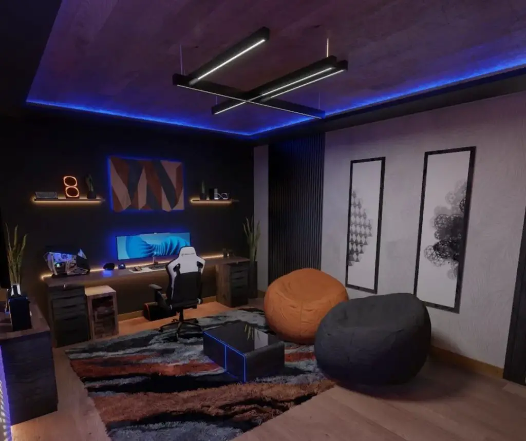 Modern gaming room with blue LED lighting, curved monitor setup, geometric ceiling light, bean bag chairs, and abstract wall art.