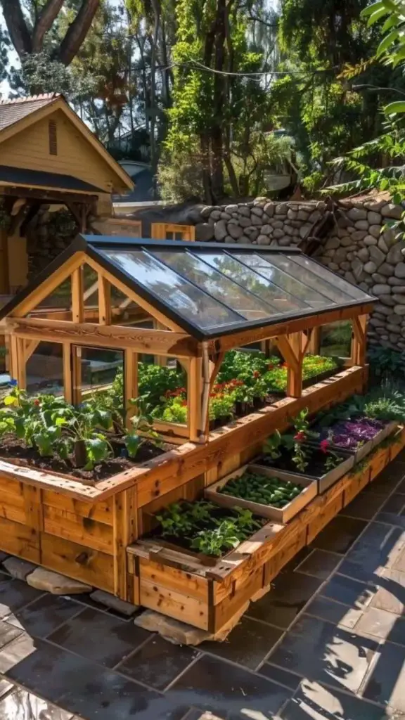 Wooden greenhouse with glass roof and tiered garden beds in backyard