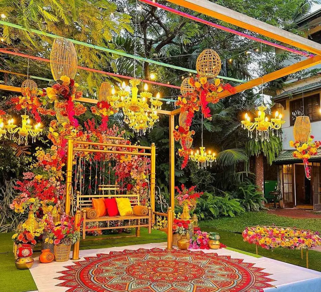 An aerial view of a wooden platform decorated with hanging flower baskets