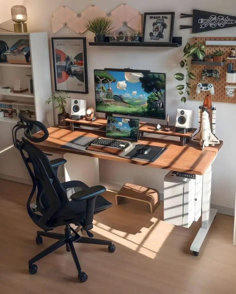 Modern gaming and work desk setup with collectibles and plants