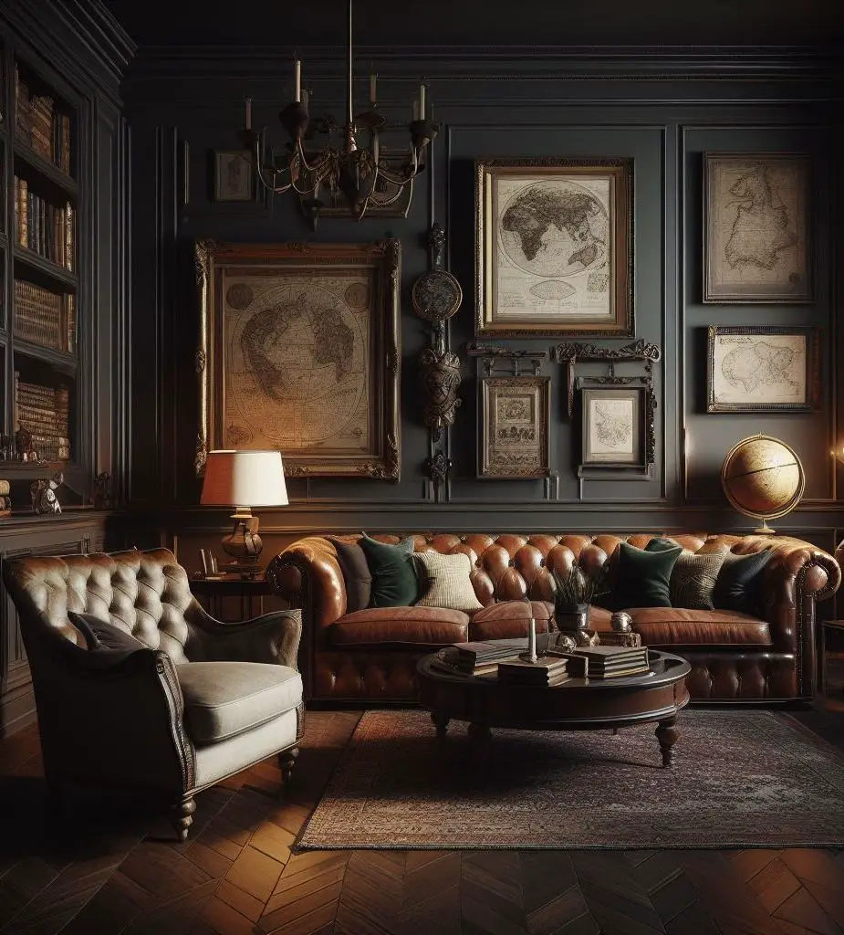 Dark living room with maps and leather sofa
