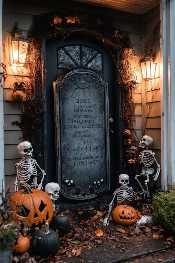 Spooky door with skeletons and pumpkins on Halloween-decorated porch