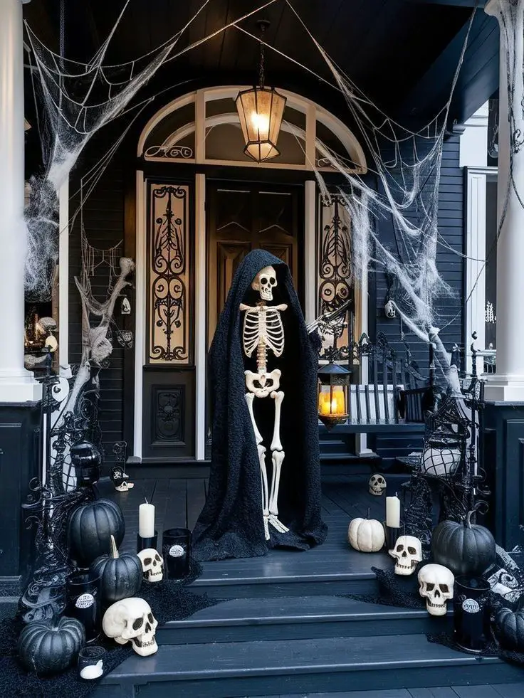 Skeleton in cloak greets visitors on spooky decorated porch
