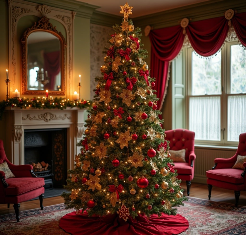 Christmas tree adorned with gold poinsettias and red bows in elegant Victorian parlor with fireplace