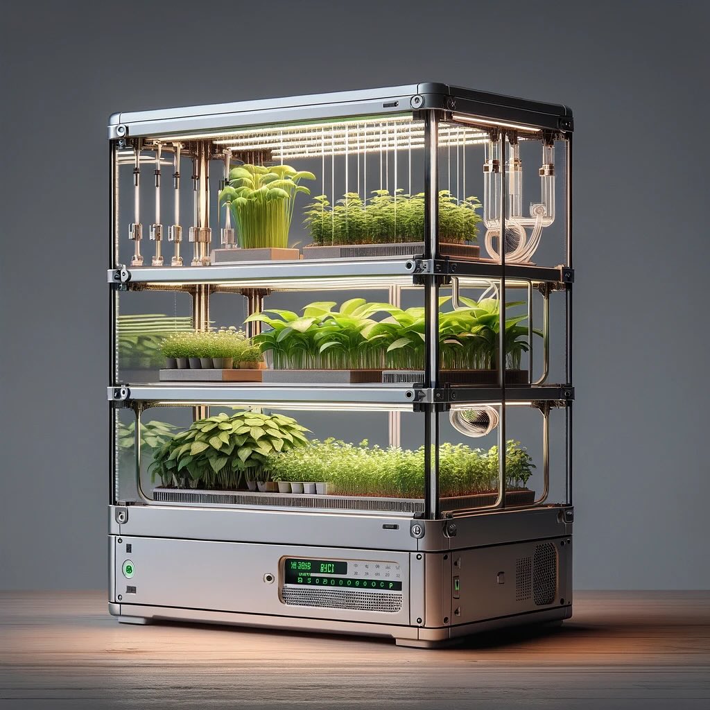 Three-tiered indoor hydroponic system growing various herbs and microgreens