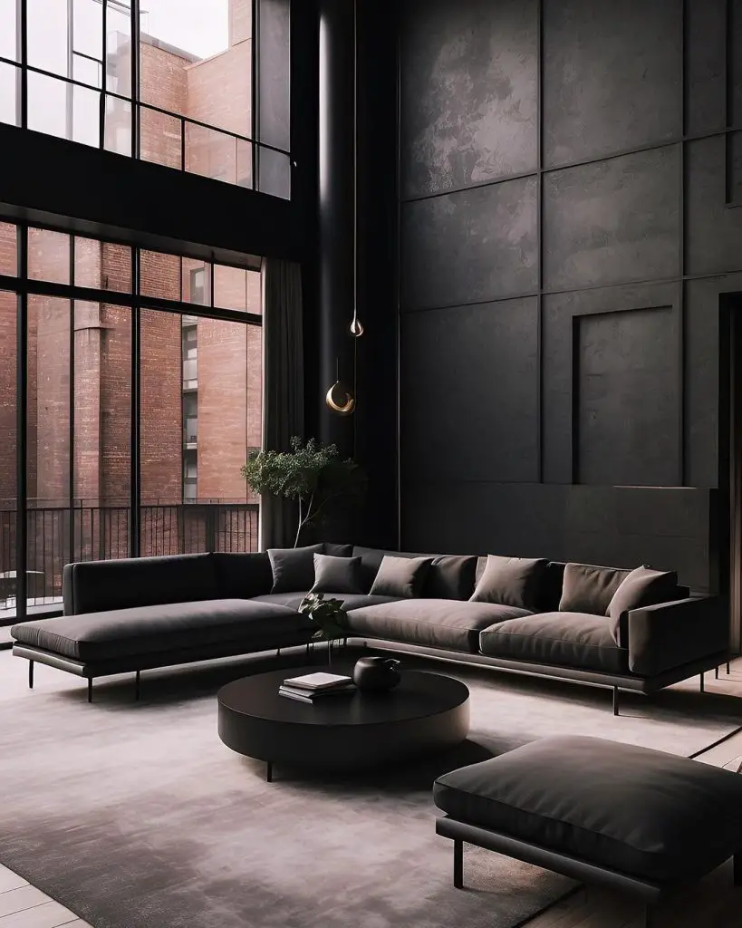Dark modern loft living room with tall windows and city view.