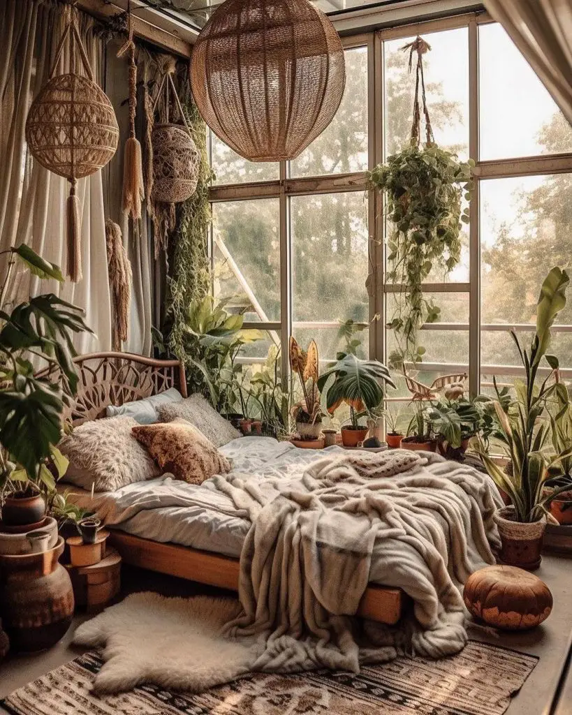 A bedroom tucked amongst hanging plants overlooks the ocean.